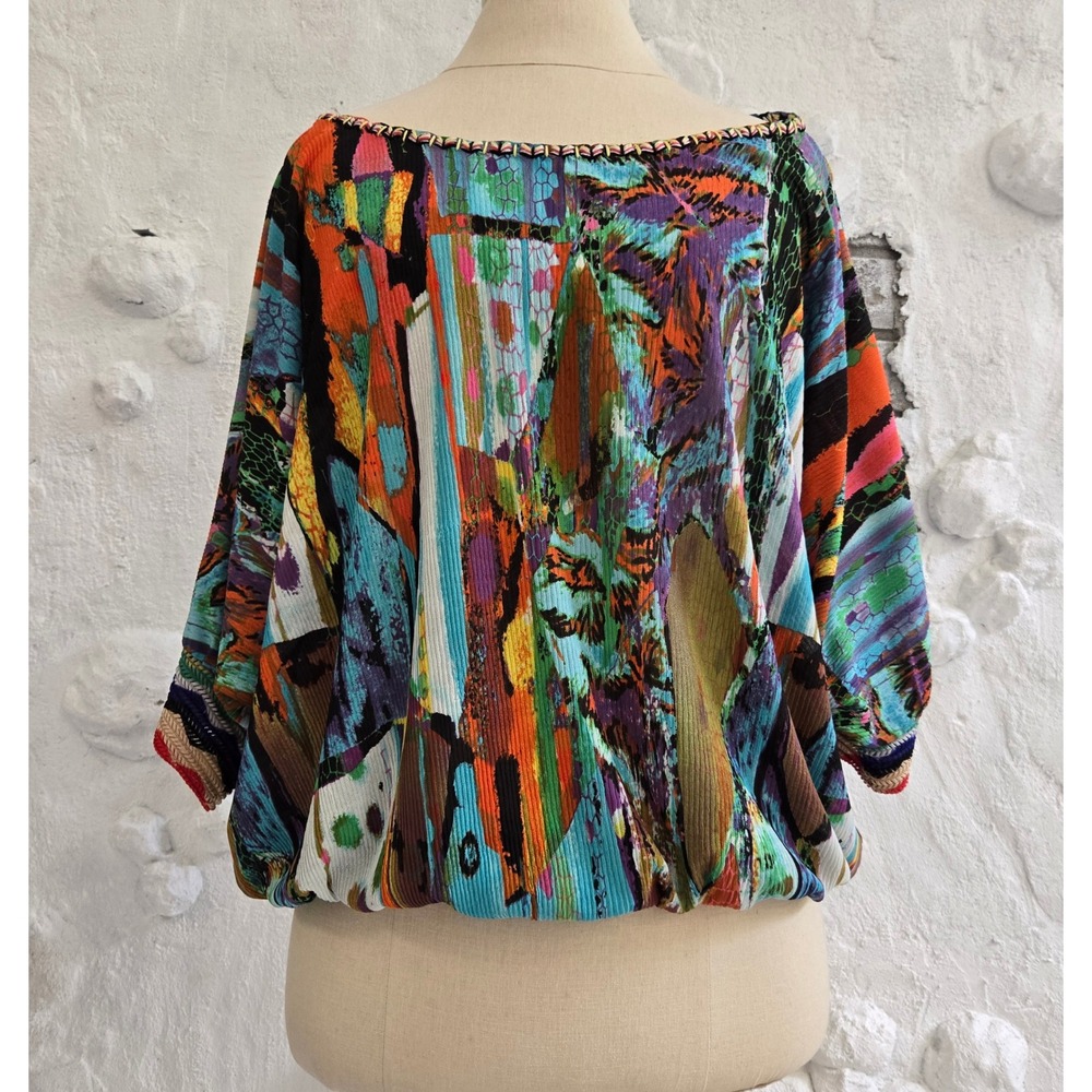 Elysee 26 Abstract Print Batwing Blouse Boho Funky Braided Trim Pleated Top M